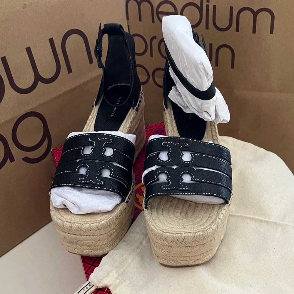 NEW Tory Burch black INES CAGE WEDGE Espadrille 80MM tumbled leather size 8 - Picture 2 of 12